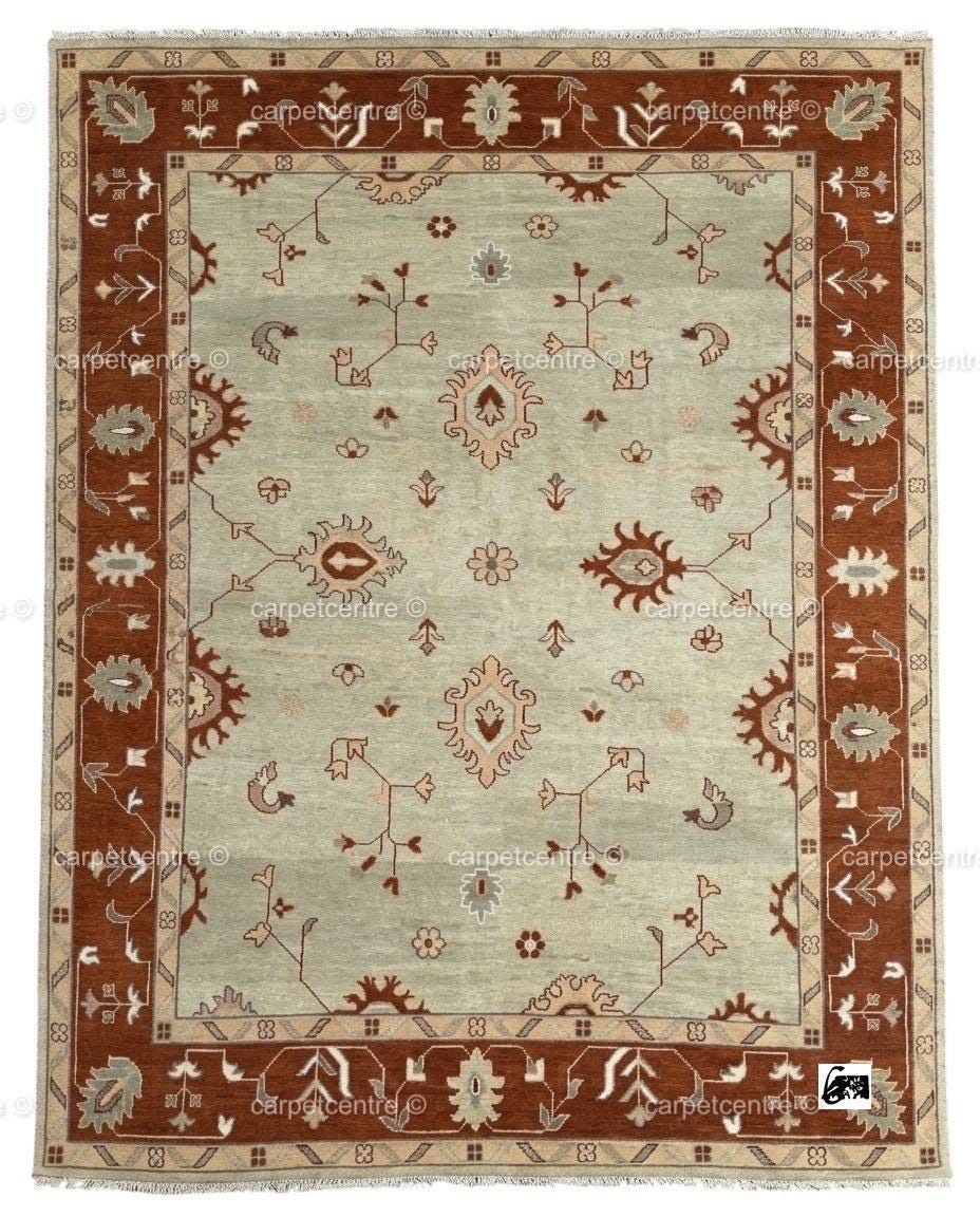 Hand Knotted Wool Oushak Rug, Mint Green Floral Turkish Carpet, Rust Border Area Rug