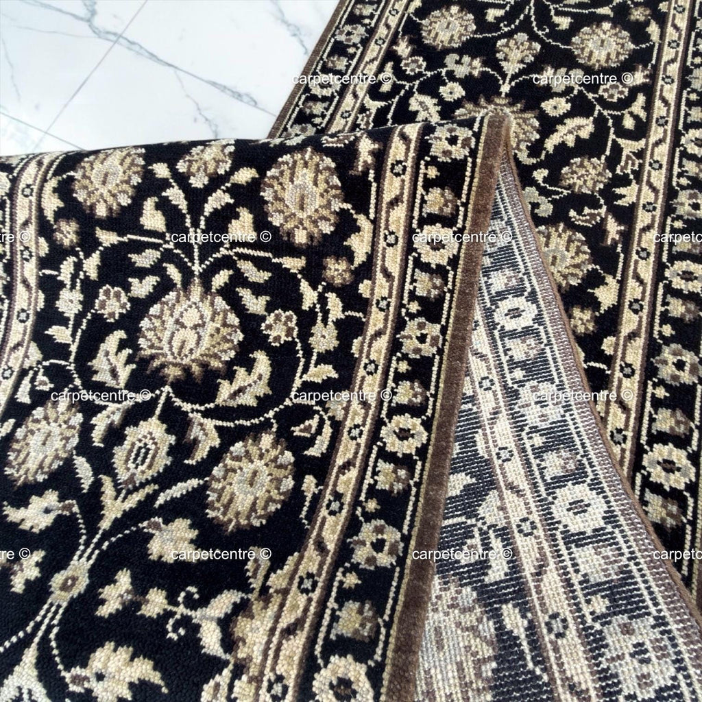 Handmade Oushak Wool Runner Rug, Black and Gold Floral Design Hallway Entryway Runner