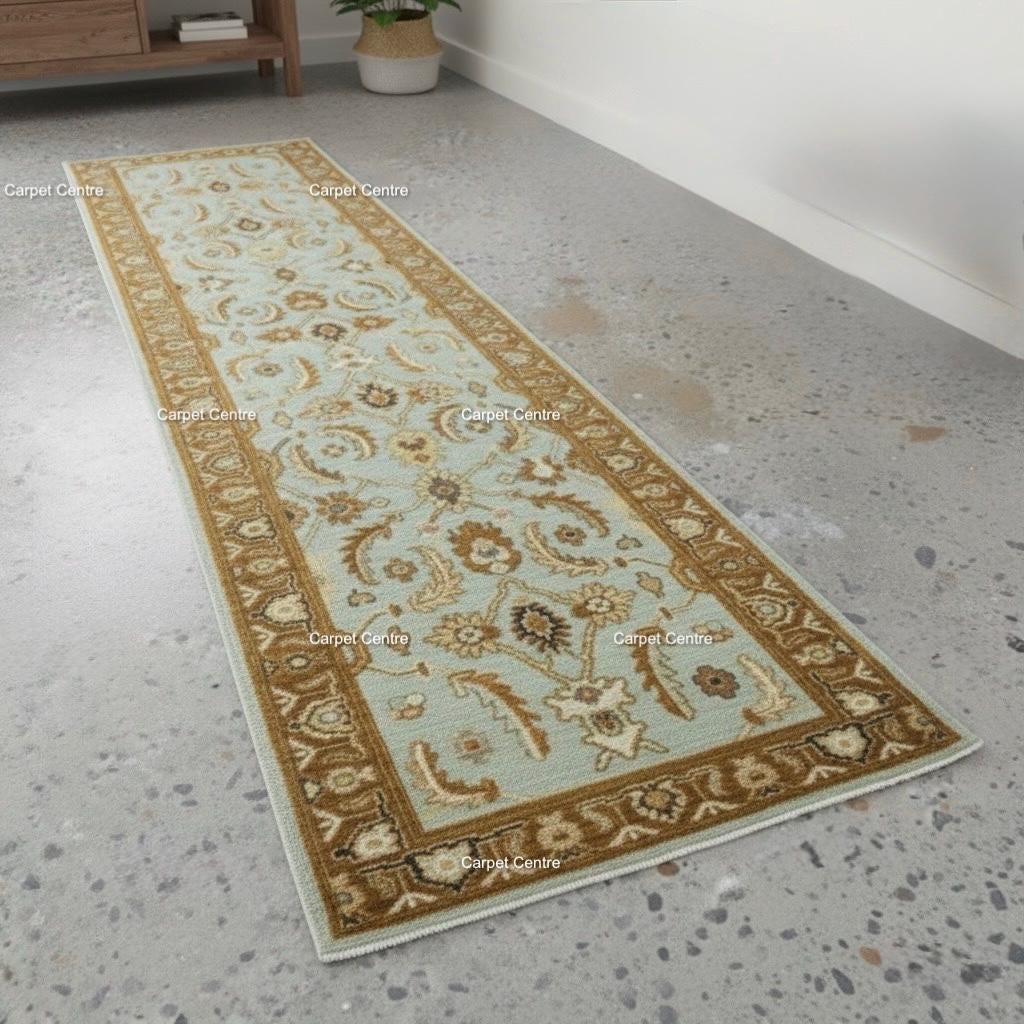 Hand-Knotted Wool Runner Rug, Light Blue Floral Hallway, 2x8