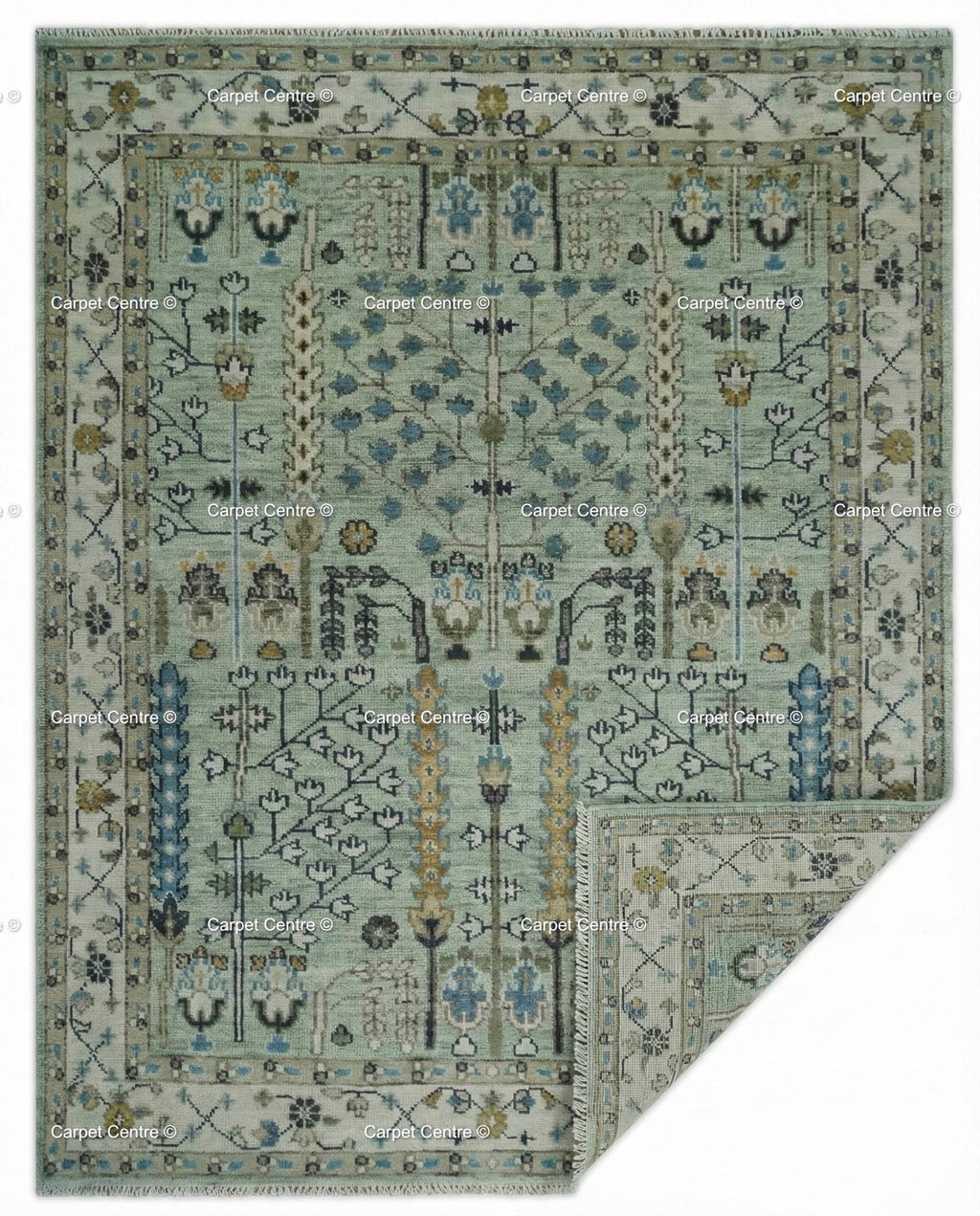 Hand Knotted Wool Oushak Rug – Sage Green Tree of Life Area Rug