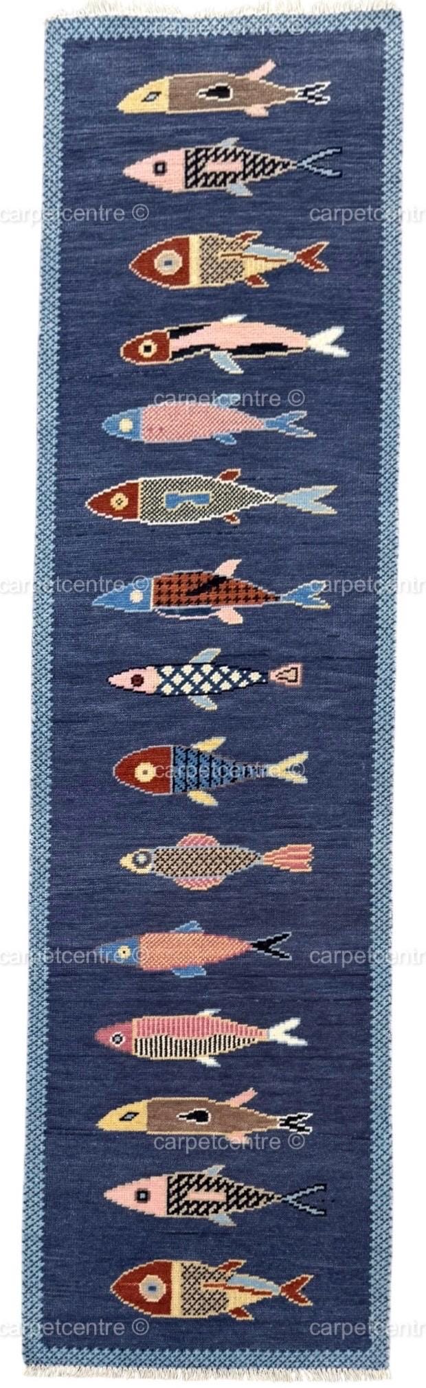 Hand Knotted Oushak Runner Rug, New Zealand Wool, Fish Motif Hallway Runner