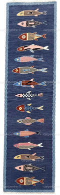 Hand Knotted Oushak Runner Rug, New Zealand Wool, Fish Motif Hallway Runner
