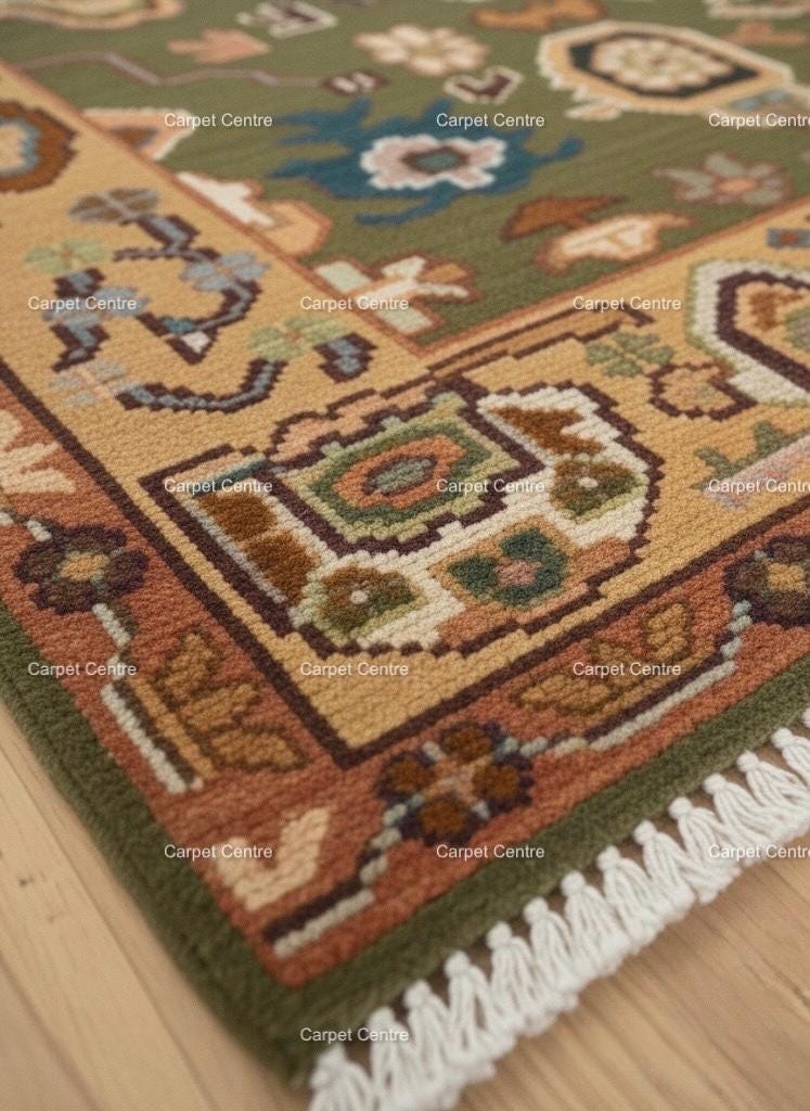 Olive Green Oushak Rug, Hand-Knotted Wool, Boho Farmhouse Decor