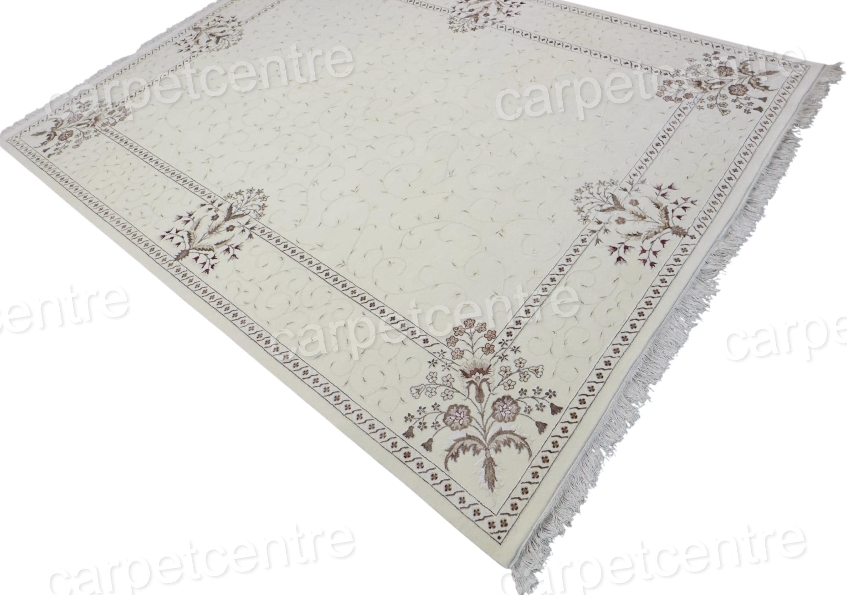 Handwoven Wool Art Silk Rug: Ivory Floral Border (11'3" x 8'3")