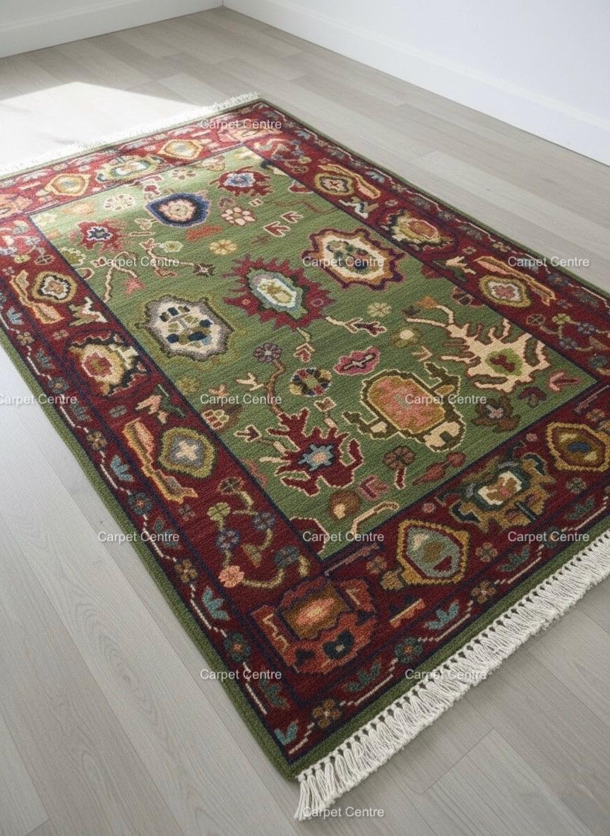 Hand-Knotted Oushak Rug, 100% Handspun Wool, Olive Green, Boho Eclectic