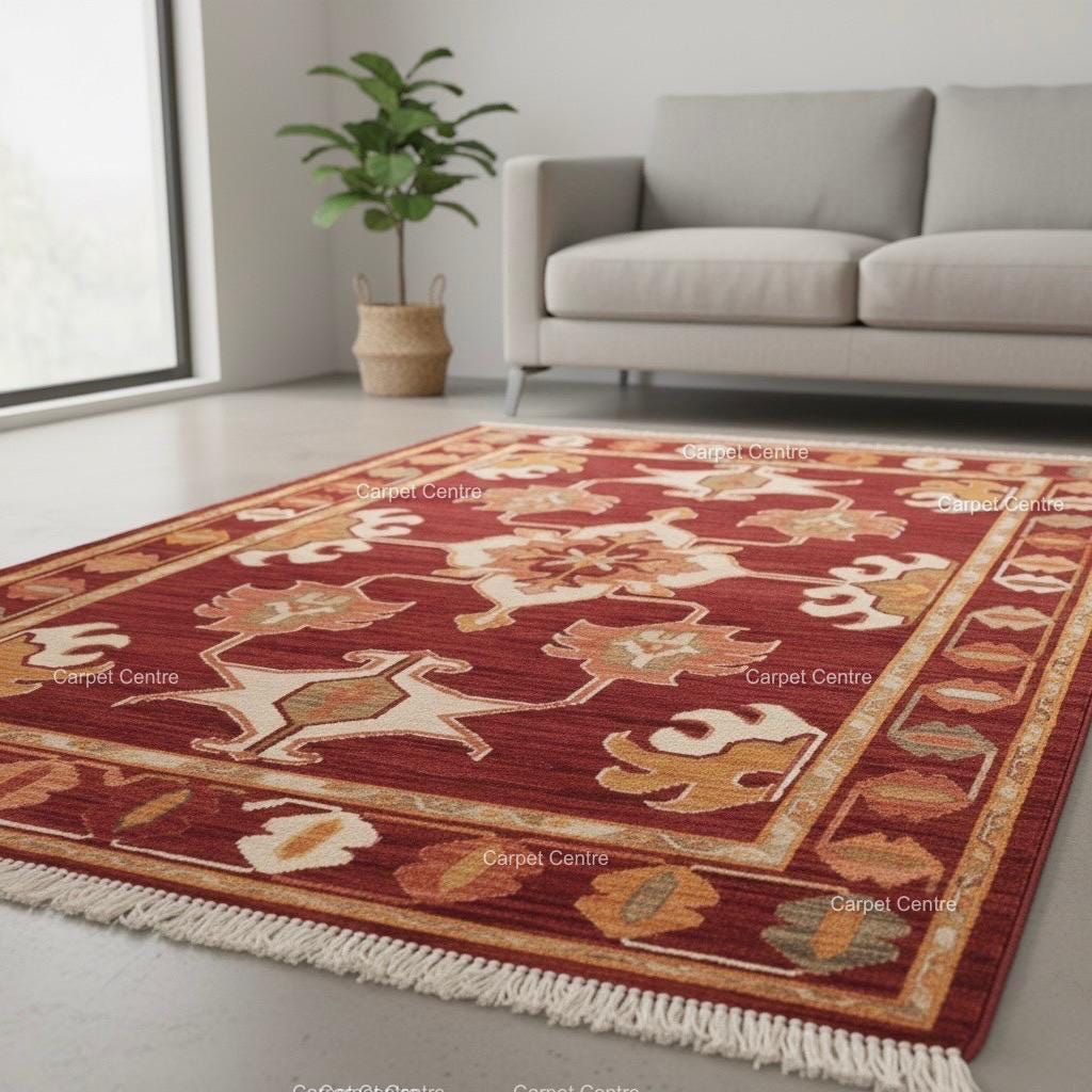 Handwoven Burgundy Oushak Wool Rug: Medallion Floral Design