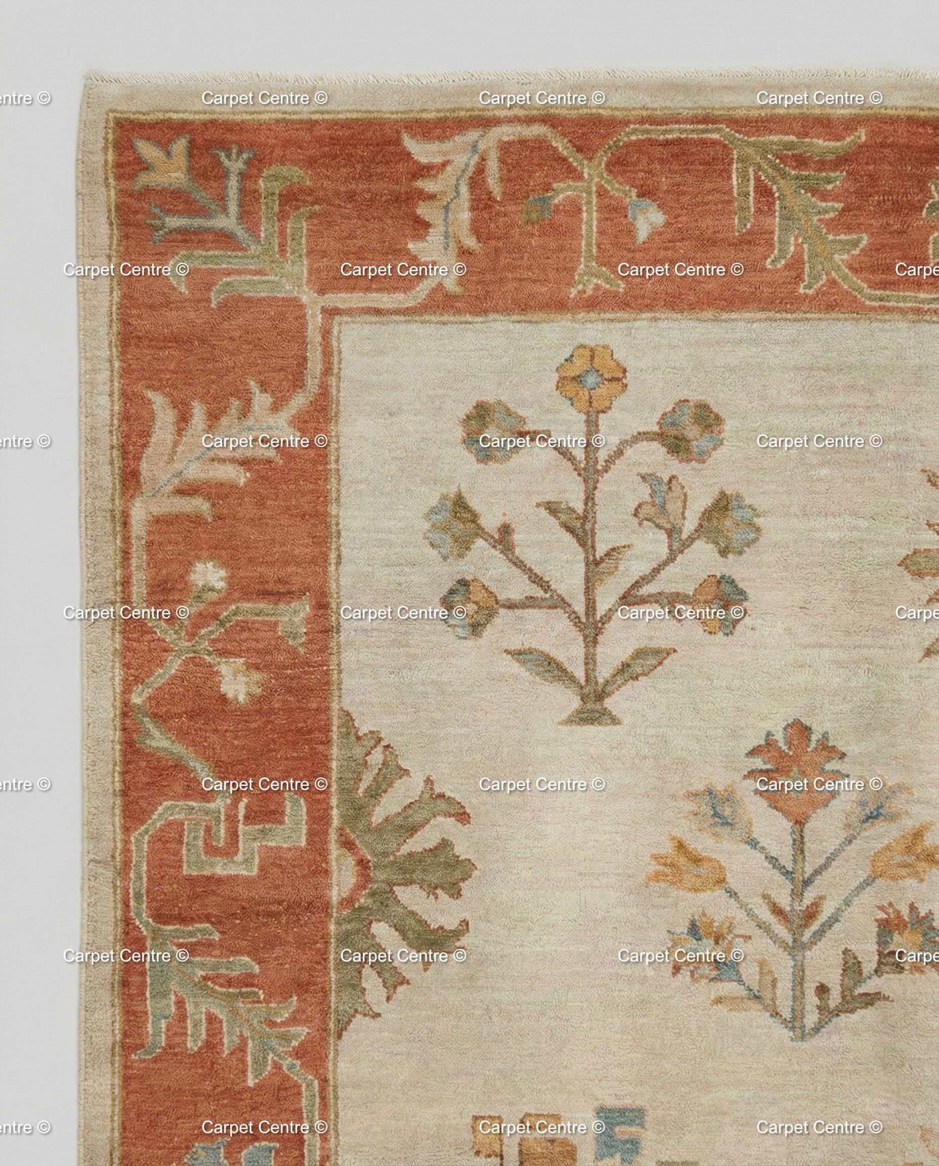 Hand-Knotted Wool Oushak Rug, Beige and Rust, Folk Art Floral Geometric