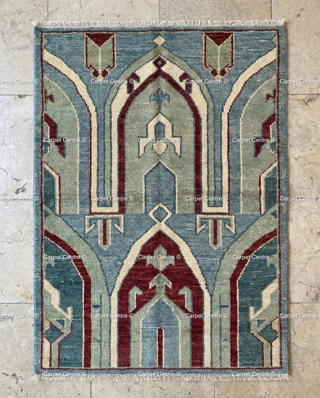 Hand Knotted Teal Oushak Rug, Geometric Arch Design, Turkish Wool