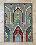 Hand Knotted Teal Oushak Rug, Geometric Arch Design, Turkish Wool