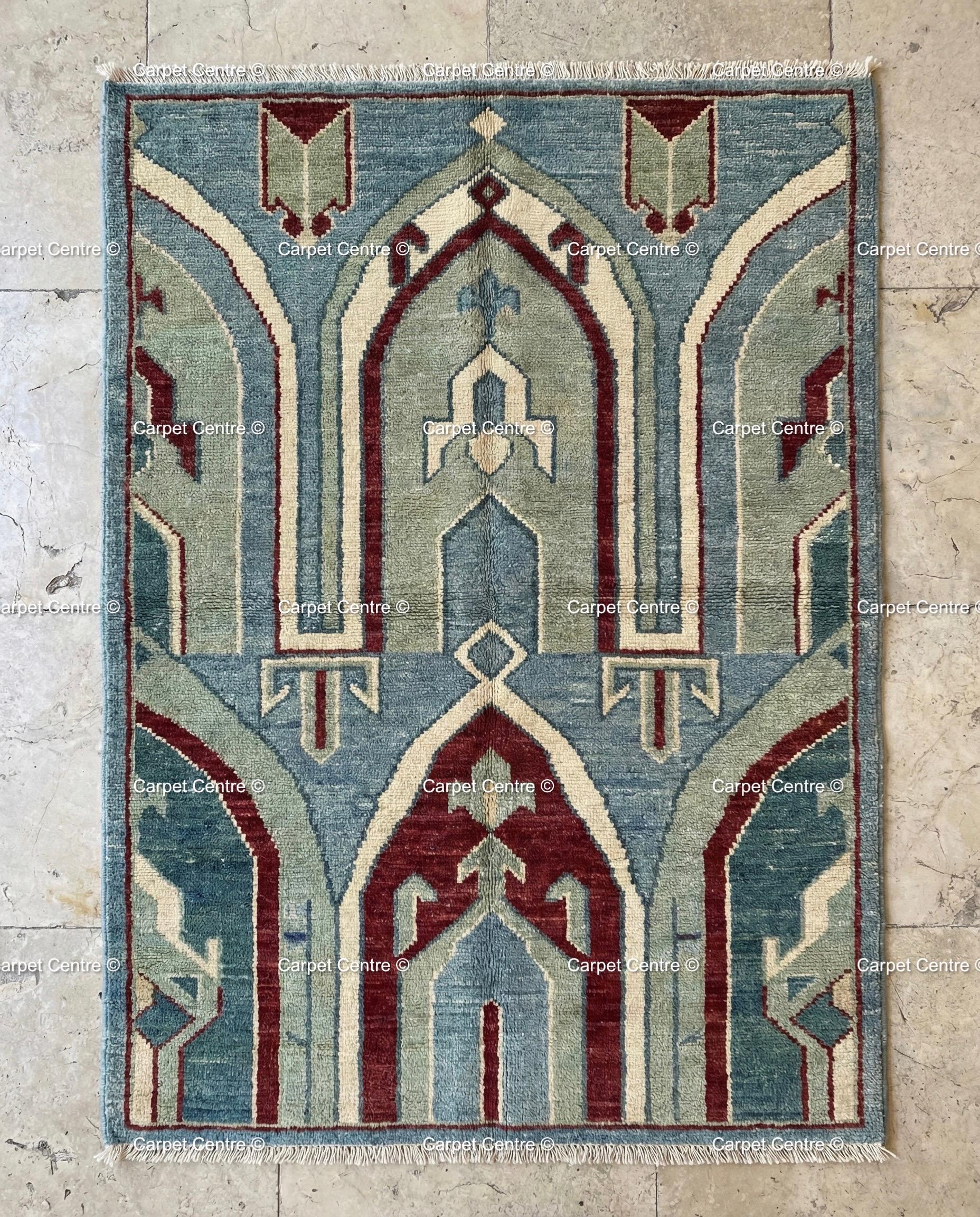 Hand Knotted Teal Oushak Rug, Geometric Arch Design, Turkish Wool