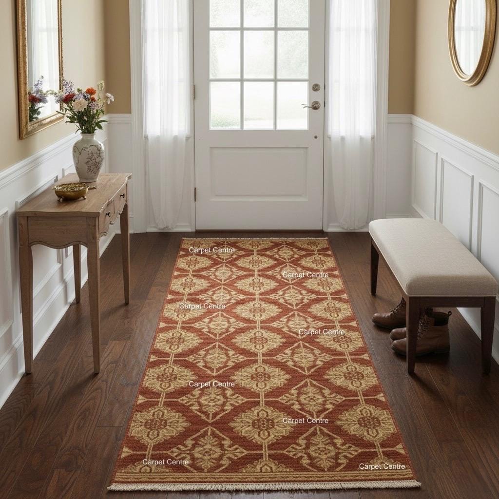 Hand-Knotted Terracotta Wool Runner Rug, Oushak Geometric Hallway Rug