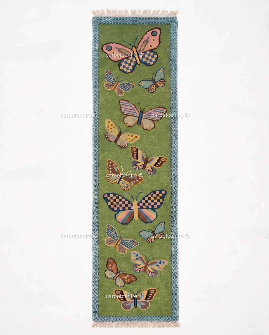 Handmade Wool Butterfly Runner Rug | Light Green Scattered Meadow Carpet