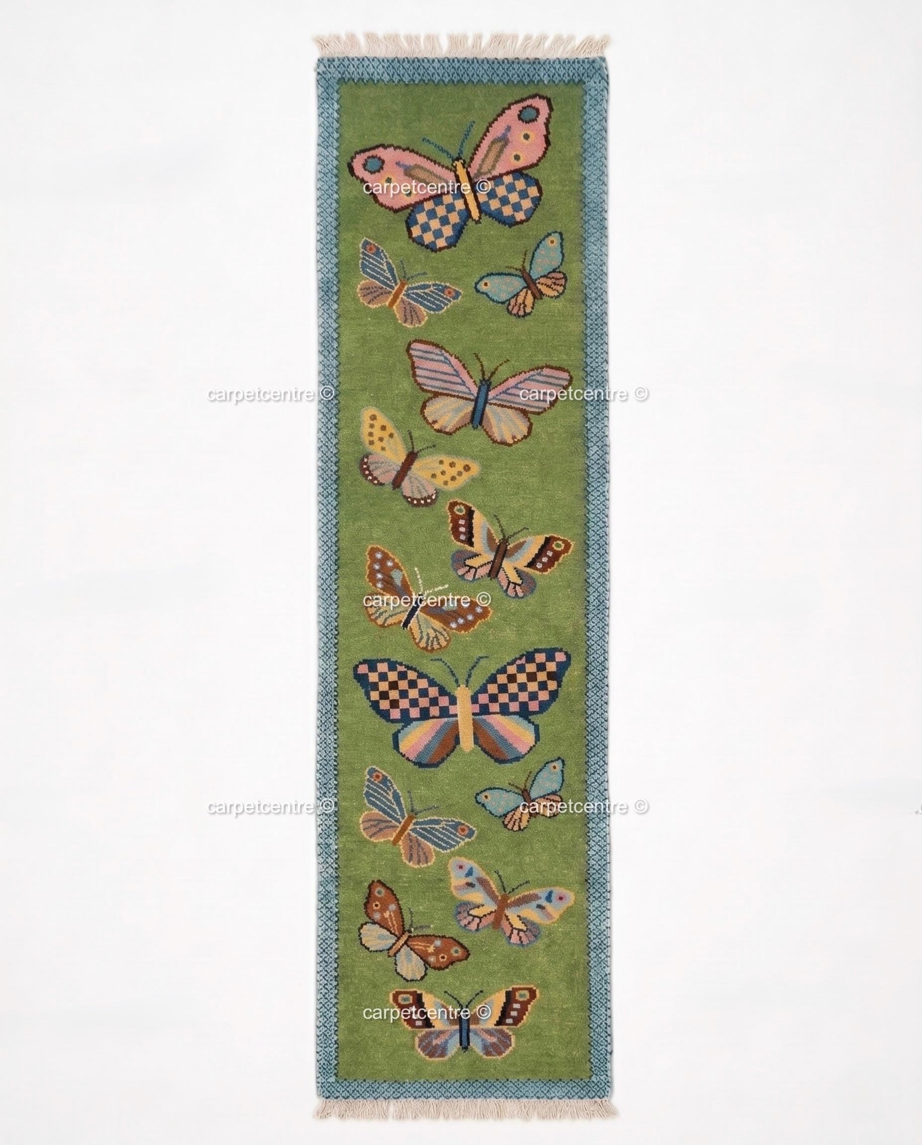 Handmade Wool Butterfly Runner Rug | Light Green Scattered Meadow Carpet