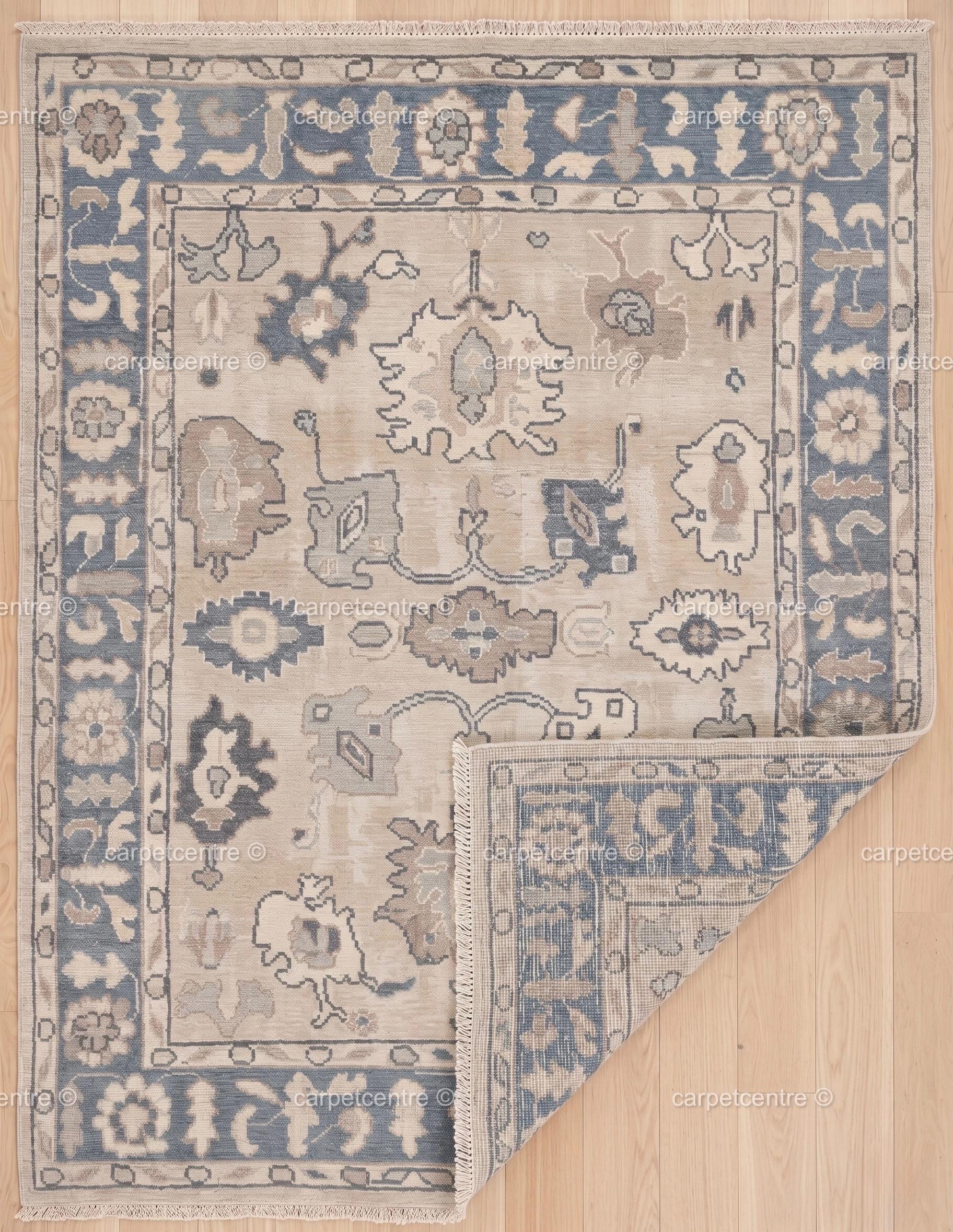 Muted Blue Beige Oushak Rug | Hand Knotted Wool Turkish Area Rug
