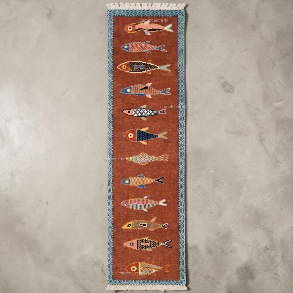 Hand-Knotted Wool Fish Runner Rug: Oushak Pictorial Coastal Style Area Carpet