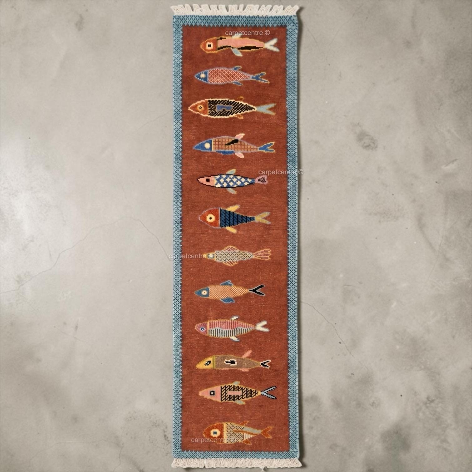 Hand-Knotted Wool Fish Runner Rug: Oushak Pictorial Coastal Style Area Carpet