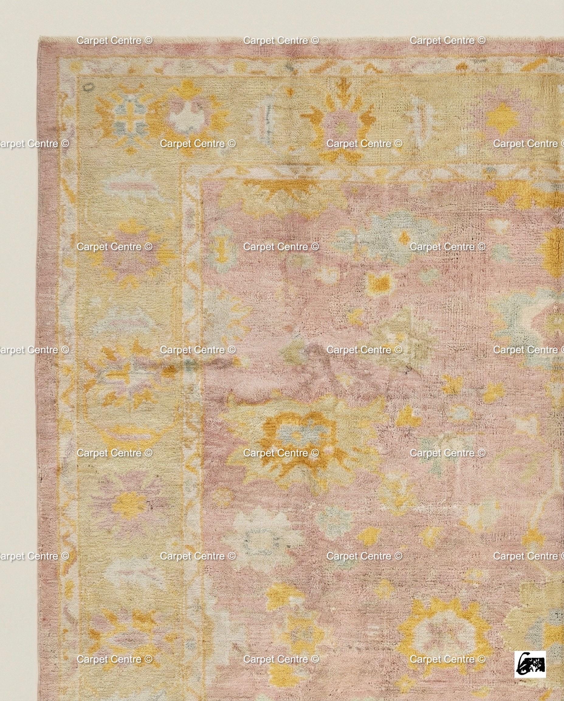 Hand Knotted Wool Oushak Rug, Pink Floral, Vintage Turkish Style