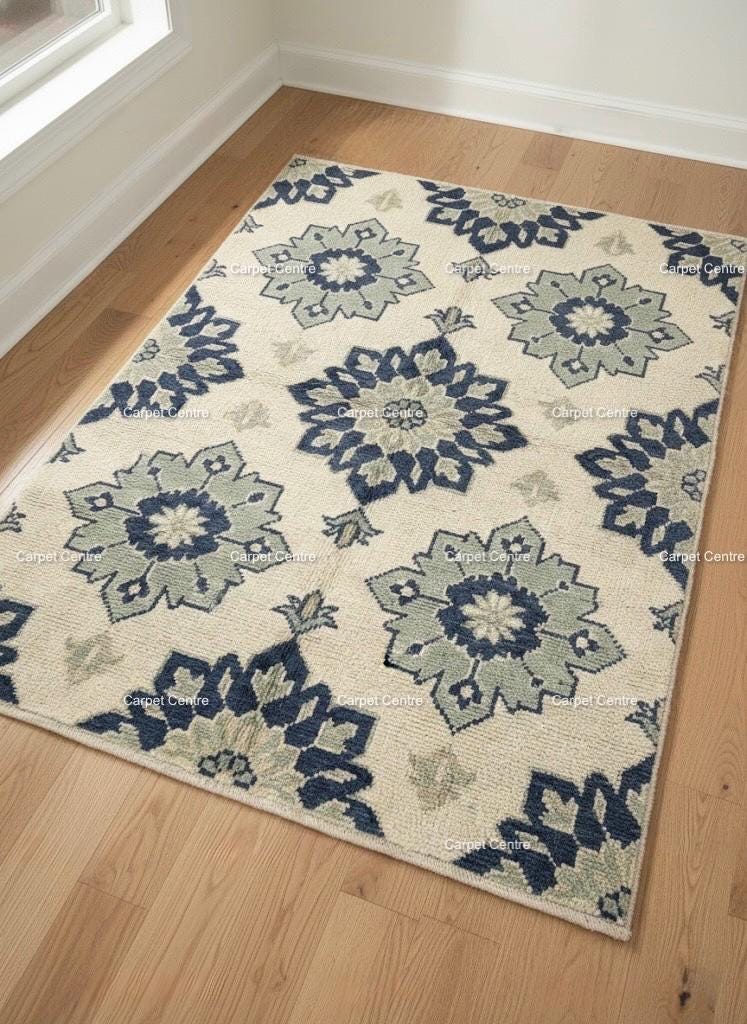 Handmade Ivory Oushak Wool Rug, Navy Blue & Sage Green Floral