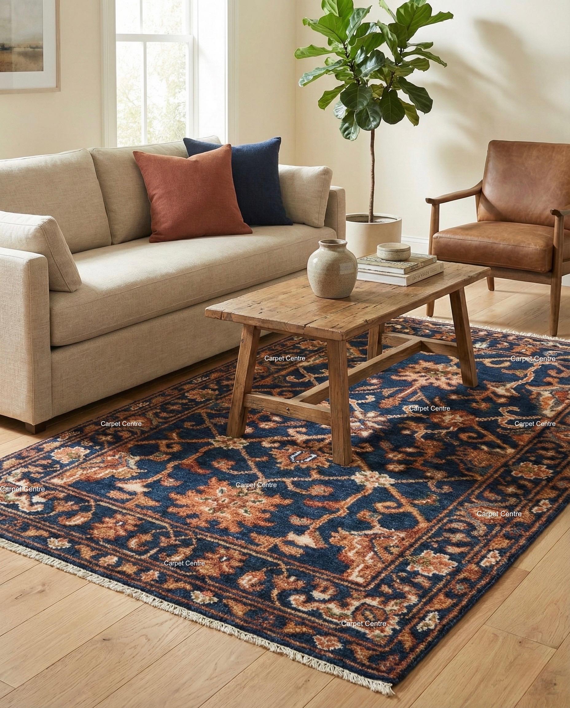 Hand Knotted Navy Blue Oushak Wool Rug, Rustic Floral Entryway Mat