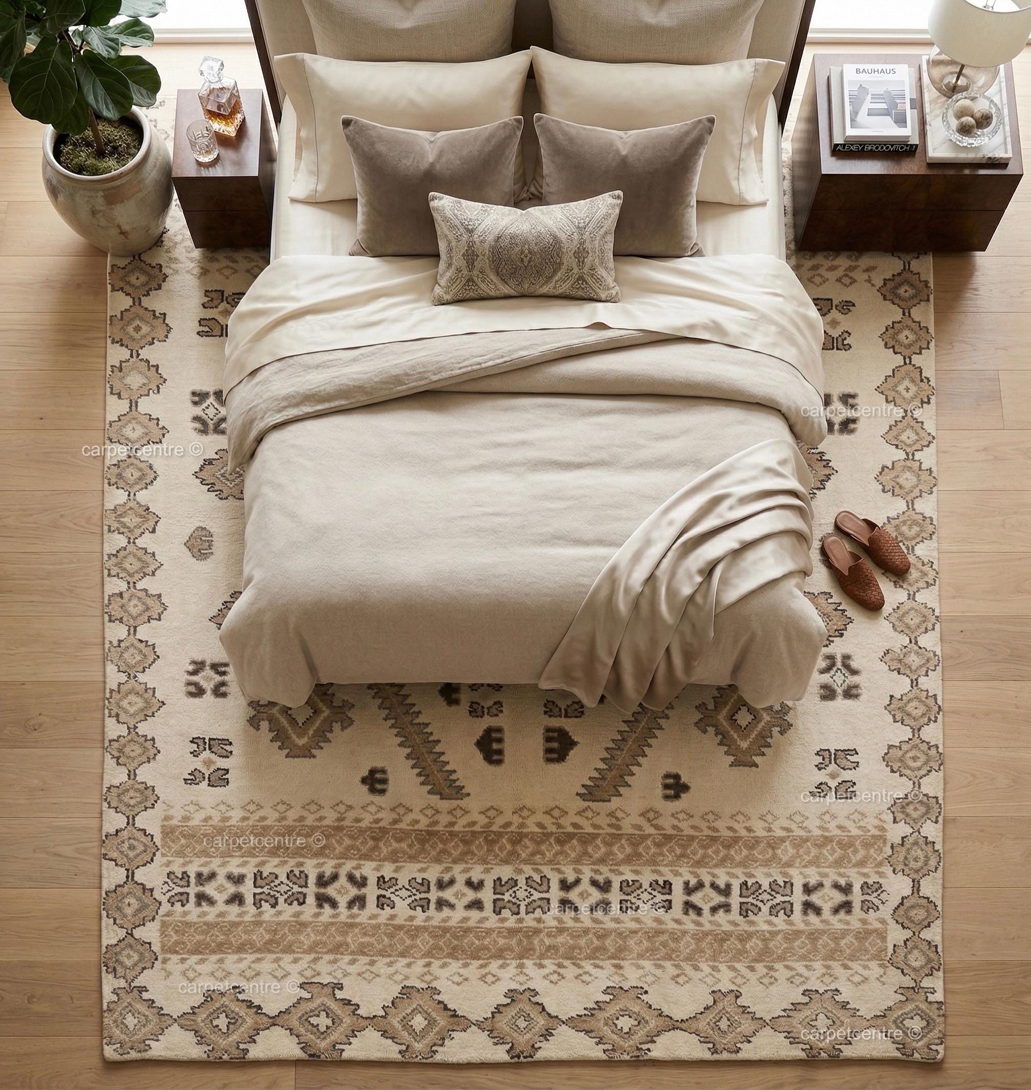 Hand-Knotted Oushak Wool Rug, Neutral Geometric Tribal Carpet, 8x10 9x12