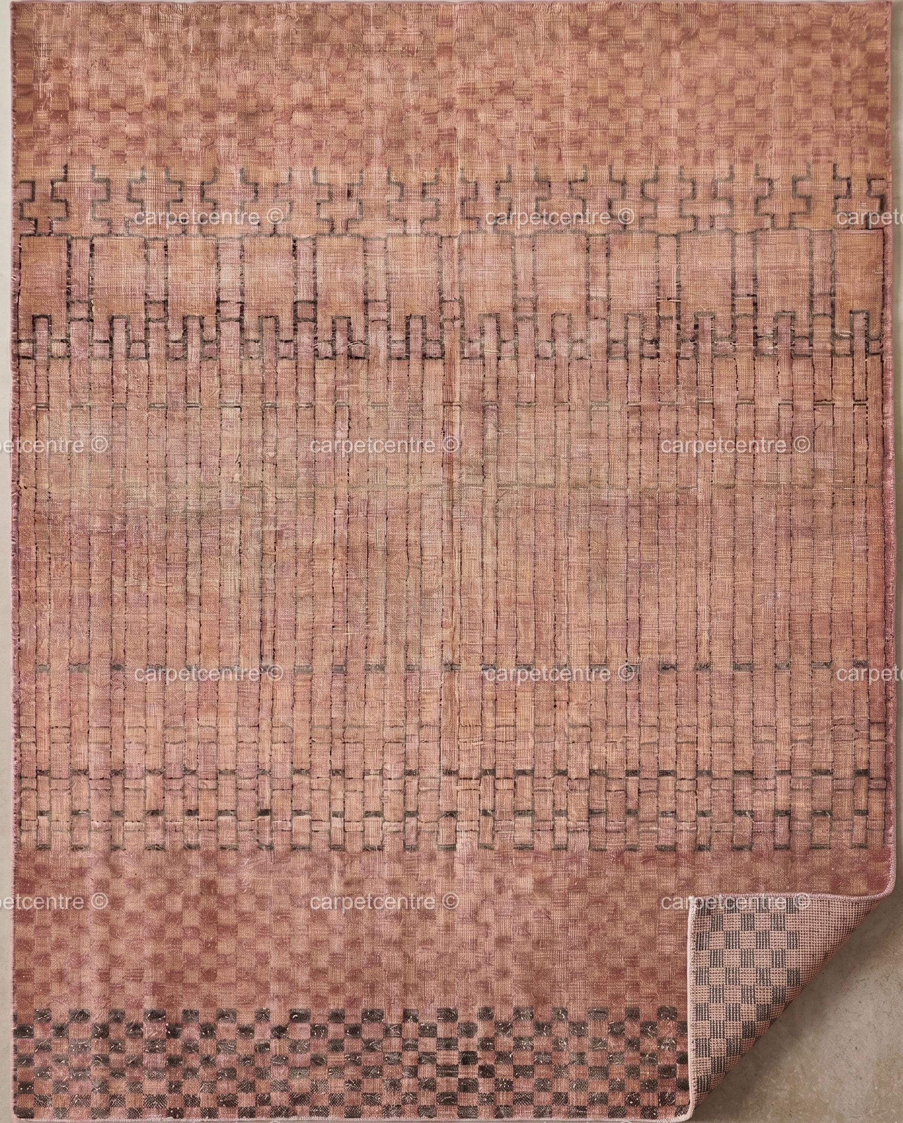 Terracotta Grid Oushak Rug | Rust, Blush, Sand, Charcoal | Hand-Knotted Wool Carpet