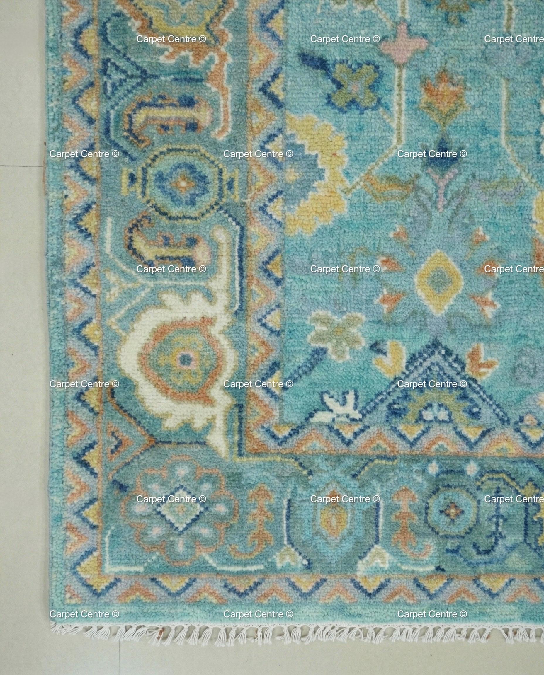 Turquoise Oushak Rug, Hand-Knotted Wool, Southwestern Boho Decor