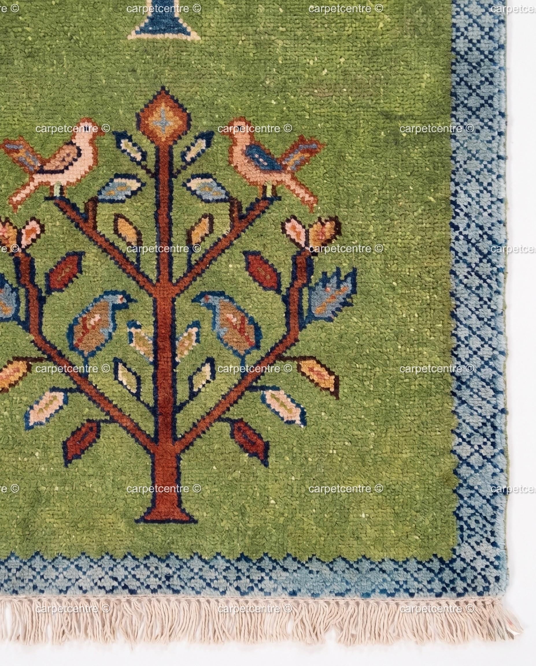 Green Wool Tribal Tree Runner Rug – Bird Motif Folk Art Hallway Carpet
