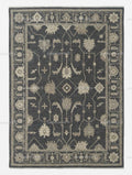 Hand Knotted Oushak Rug | Dark Grey Beige Floral Wool Turkish Area Rug