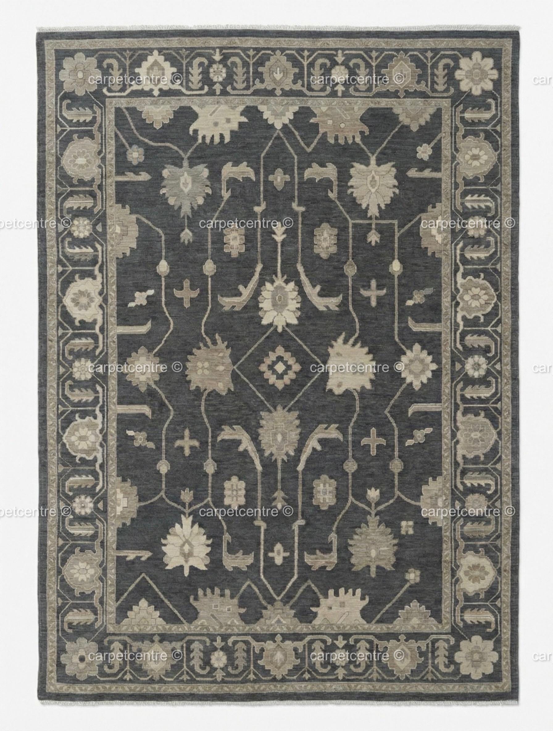 Hand Knotted Oushak Rug | Dark Grey Beige Floral Wool Turkish Area Rug