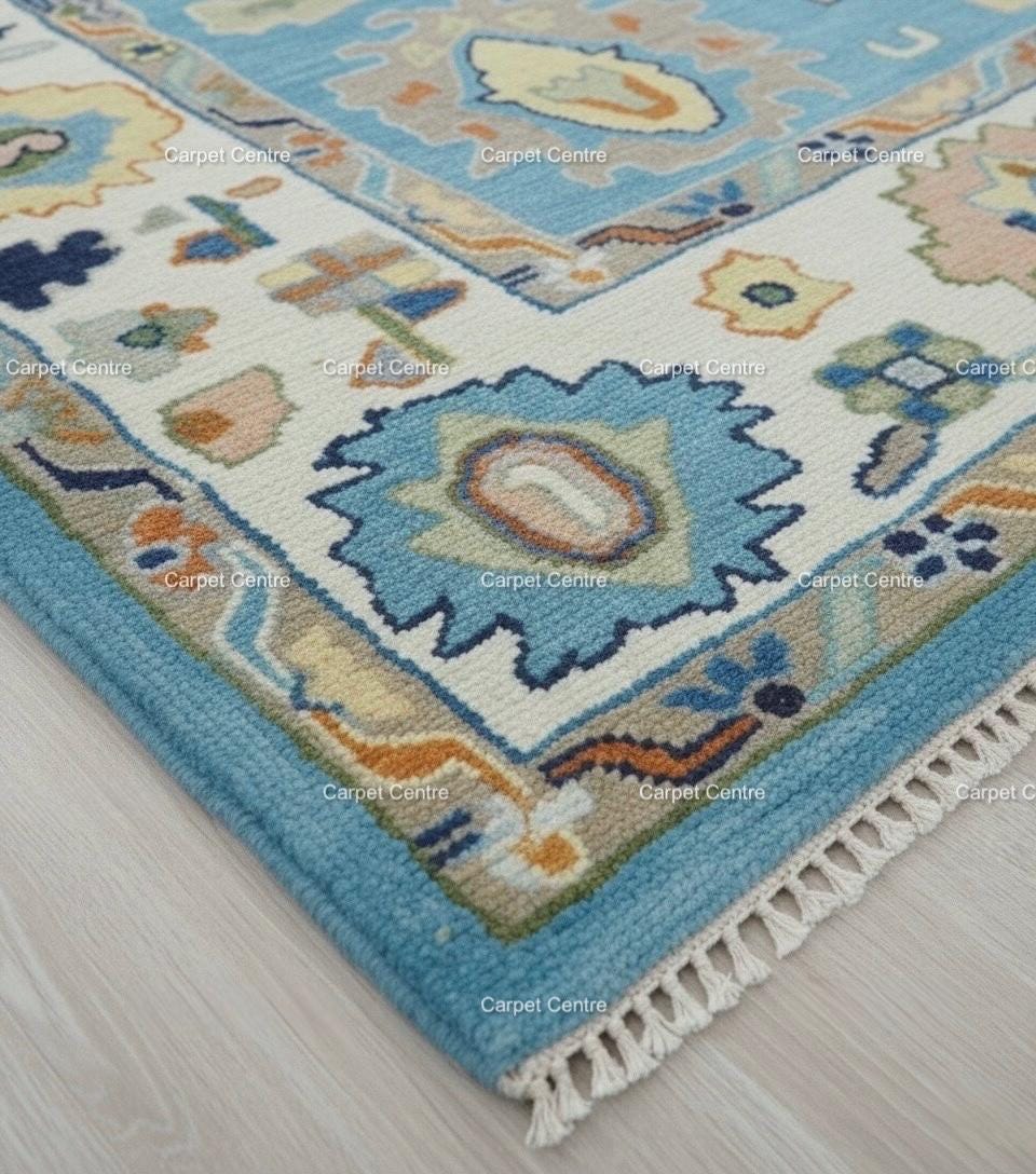 Hand-Knotted Light Blue Oushak Wool Rug, Eclectic Boho Style