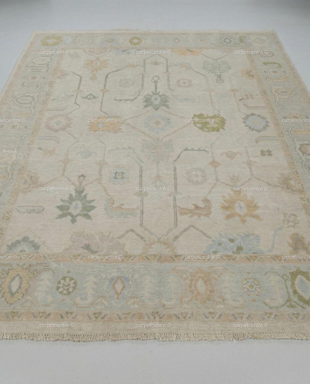 Hand-Knotted Wool Oushak Rug | Muted Sage, Sky Blue, Pastel Tones | 8x10 Area Rug