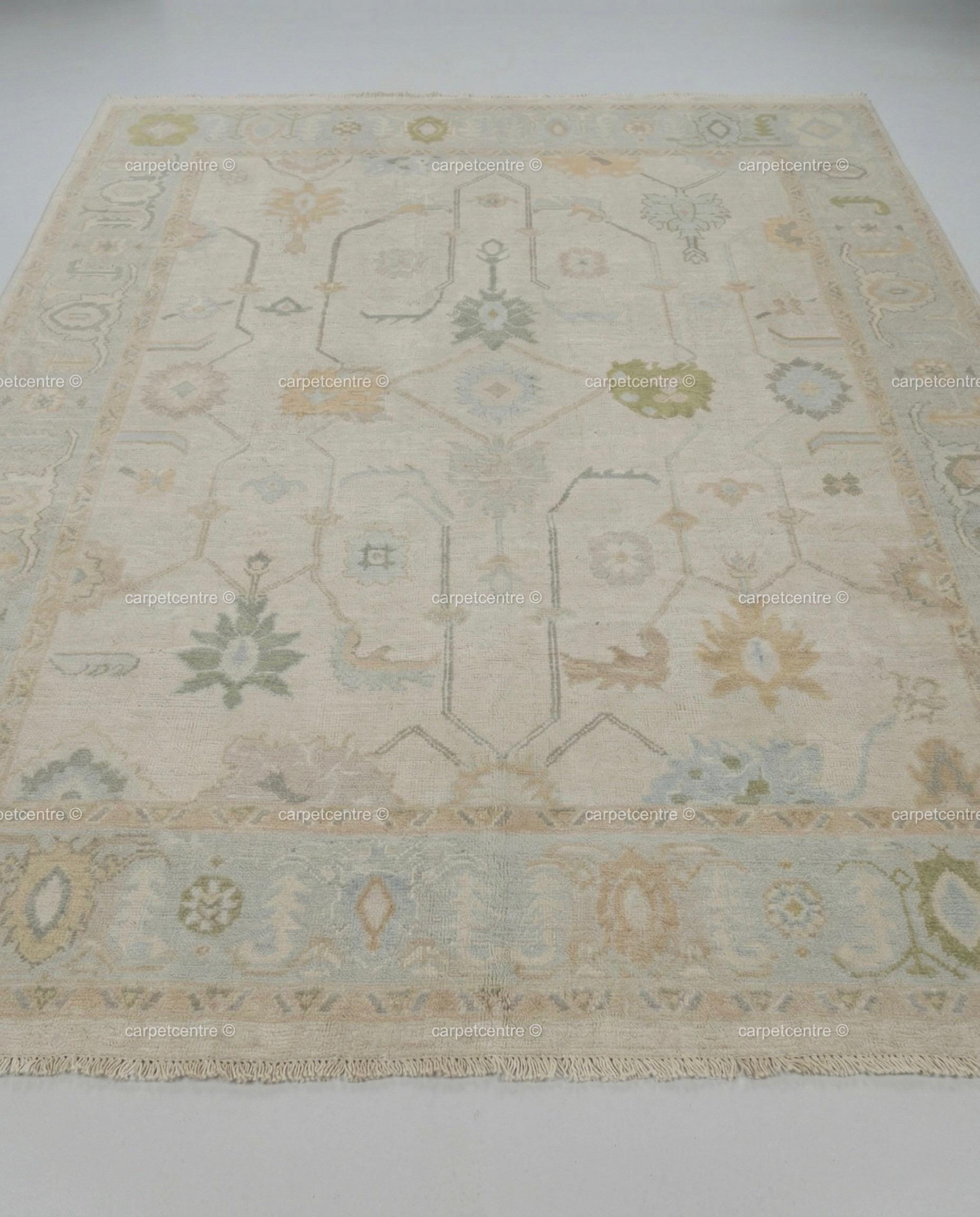 Hand-Knotted Wool Oushak Rug | Muted Sage, Sky Blue, Pastel Tones | 8x10 Area Rug
