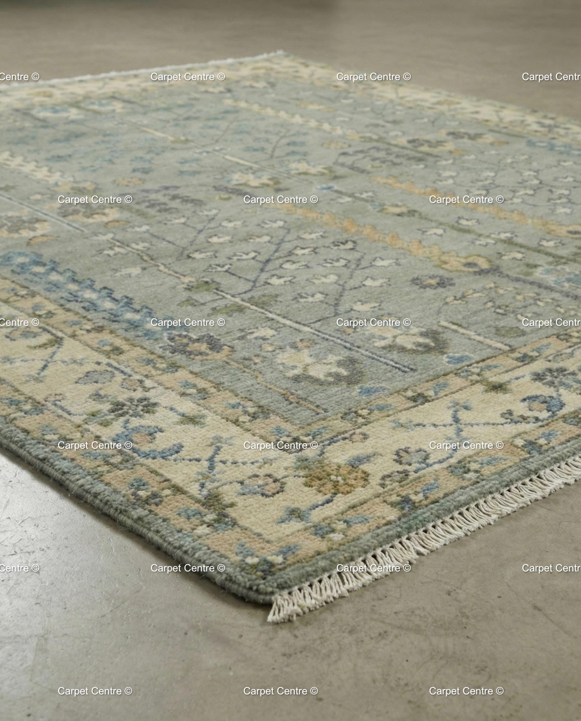 Hand Knotted Wool Oushak Rug, Muted Slate Blue Tree of Life Carpet