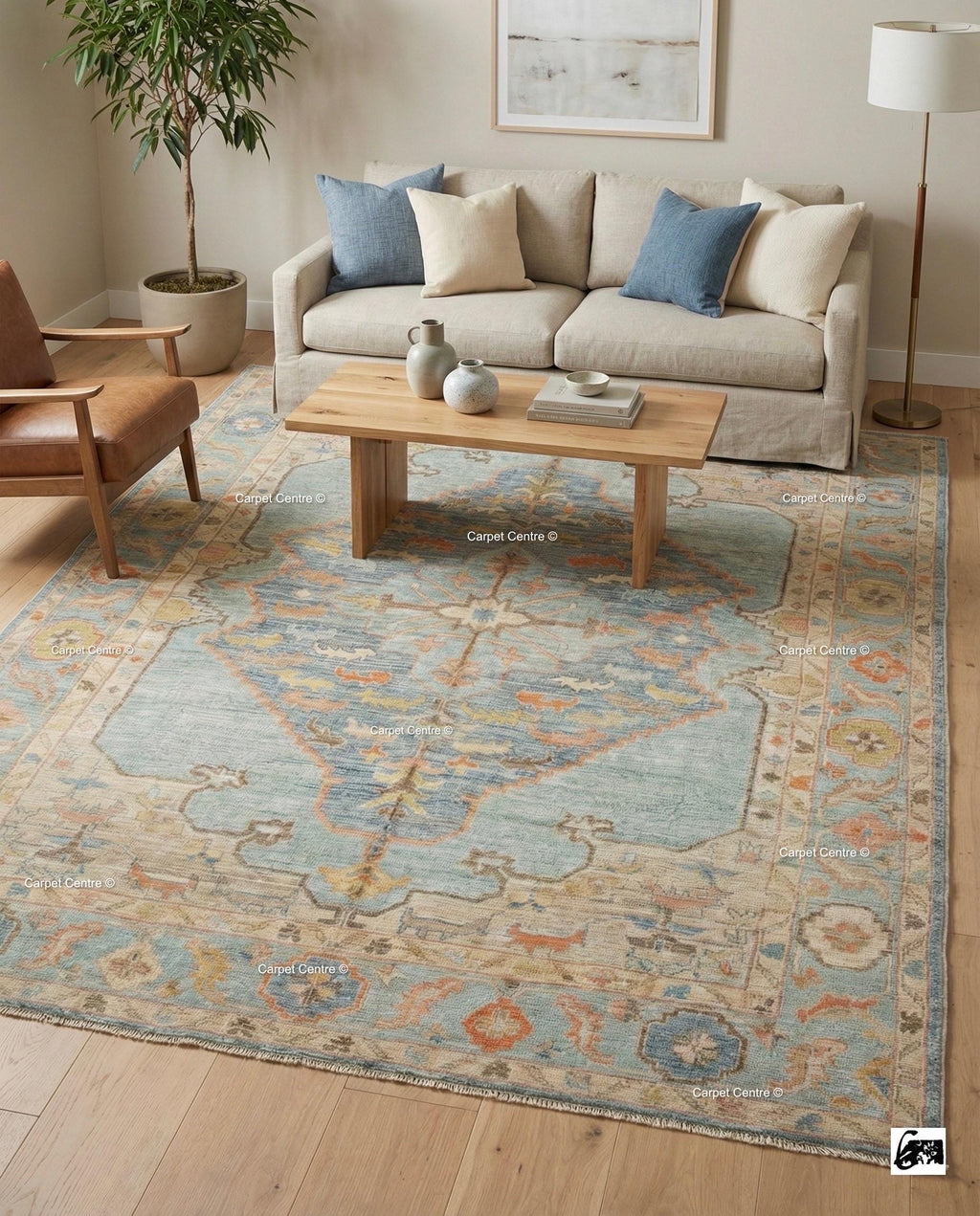 Handmade Oushak Wool Rug, Blue & Coral Medallion, Turkish Knot