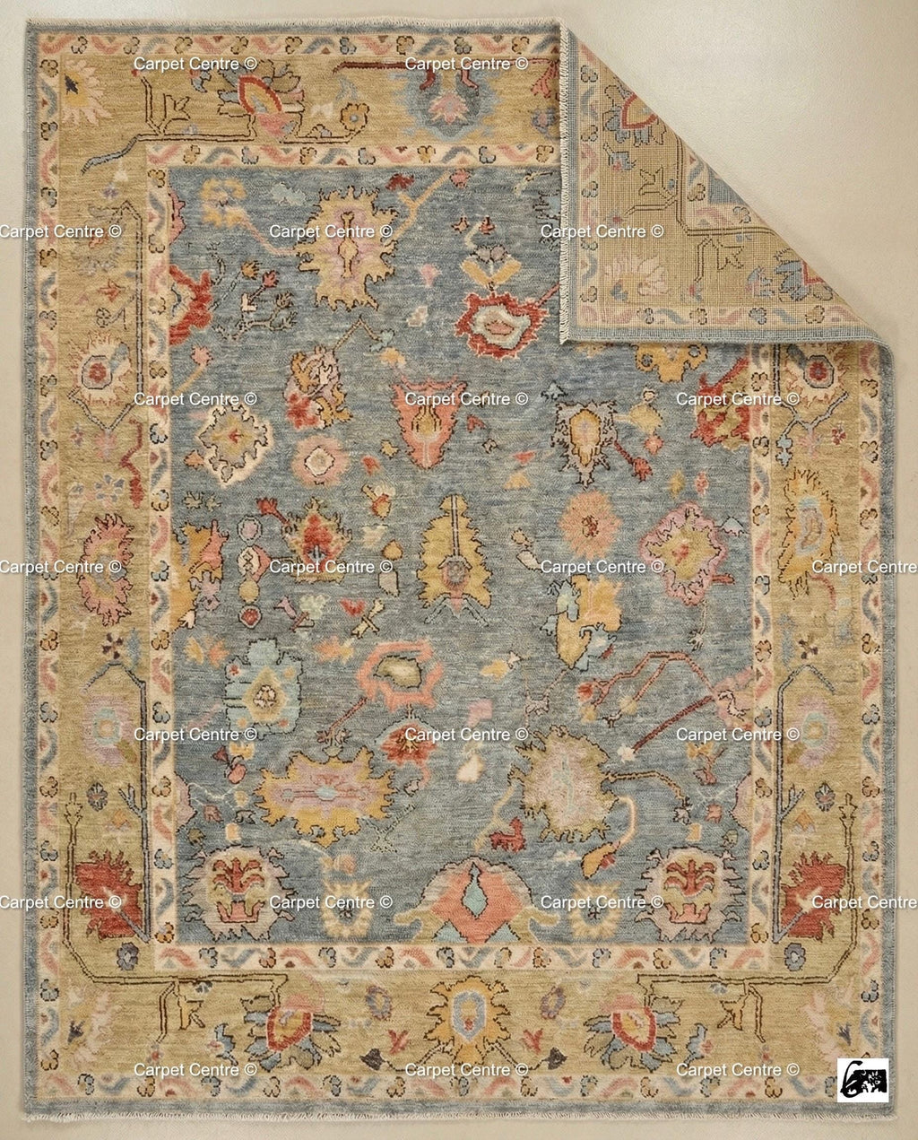 Floral Hand Knotted Oushak Wool Rug, Slate Blue & Gold