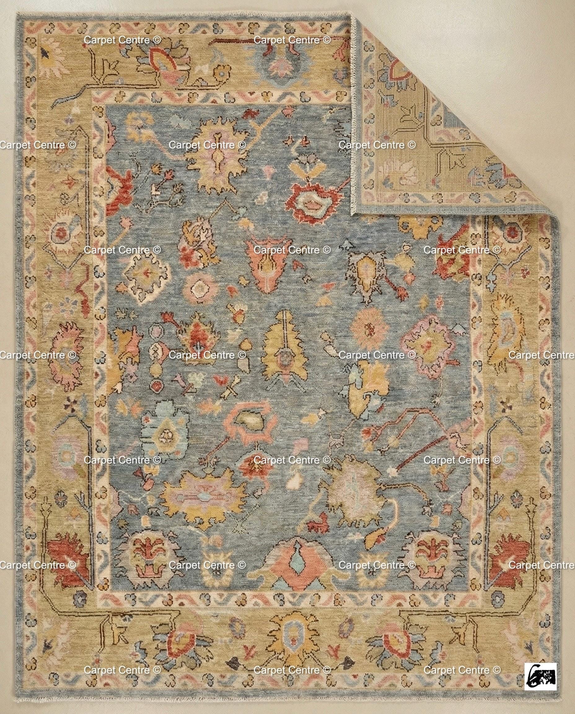Floral Hand Knotted Oushak Wool Rug, Slate Blue & Gold
