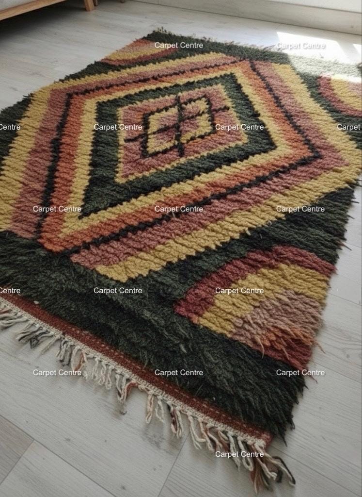 Green Moroccan Shag Rug, Hand-Knotted Wool, Geometric Diamond, Boho Style