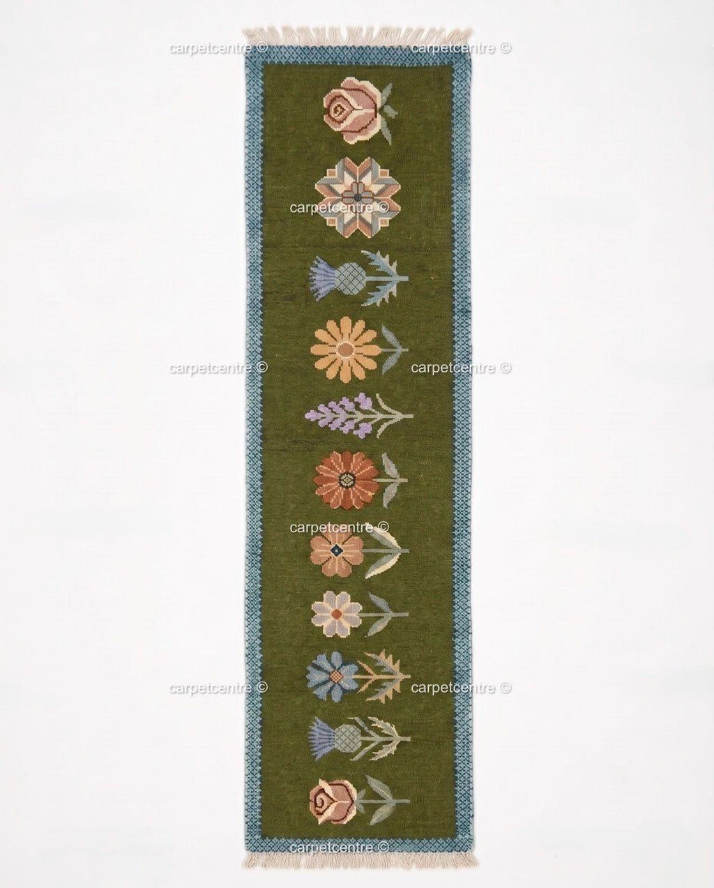Handmade Wool Runner Rug – Olive Green Wildflower Botanical Carpet (Custom Sizes)