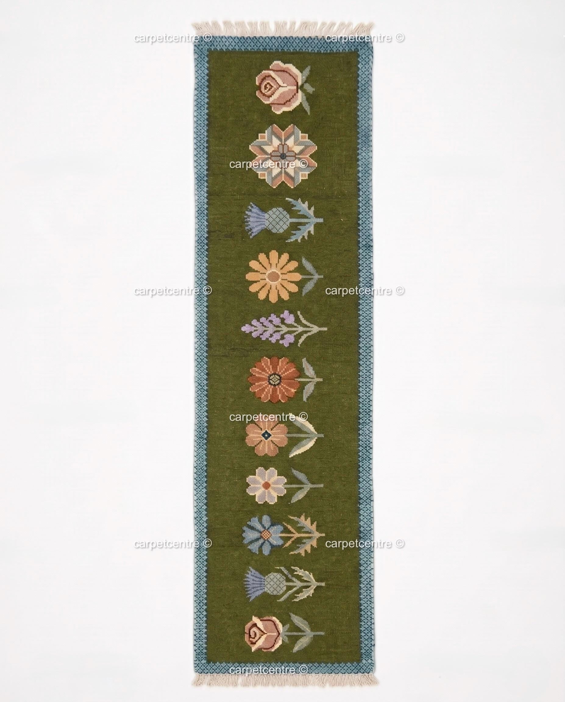Handmade Wool Runner Rug – Olive Green Wildflower Botanical Carpet (Custom Sizes)