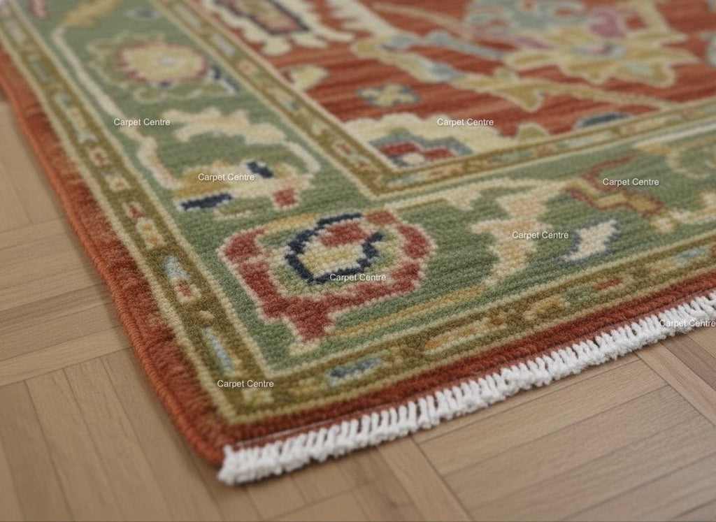Hand-Knotted Terracotta Runner Rug, Wool Oushak Style, Sage Green