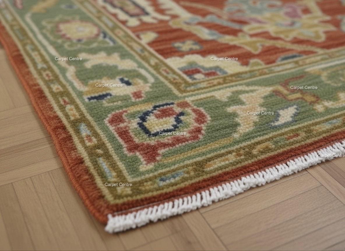 Hand-Knotted Terracotta Runner Rug, Wool Oushak Style, Sage Green