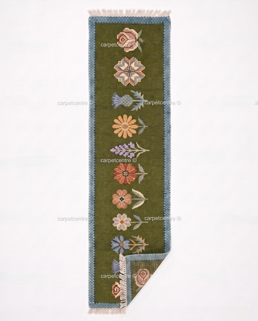 Handmade Wool Runner Rug – Olive Green Wildflower Botanical Carpet (Custom Sizes)