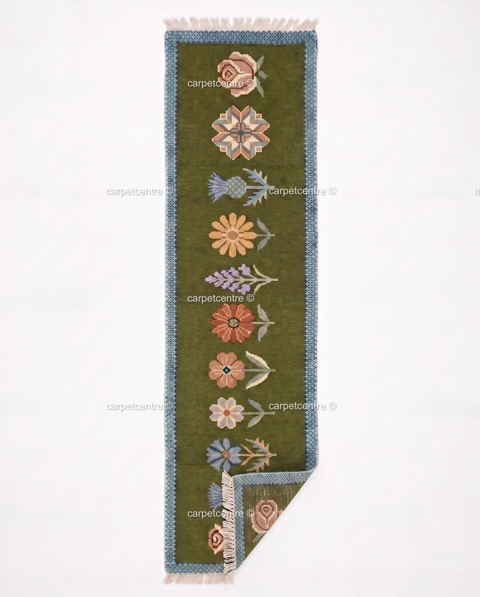 Handmade Wool Runner Rug – Olive Green Wildflower Botanical Carpet (Custom Sizes)