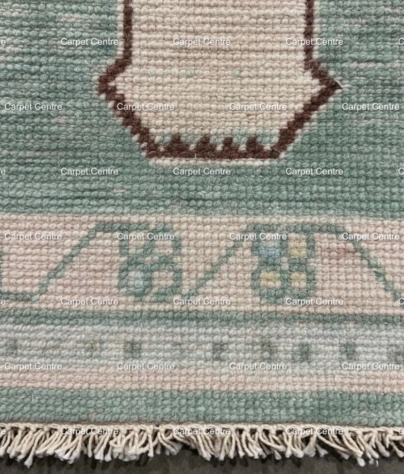 Hand Knotted Oushak Wool Runner Rug | Mint Green Geometric Design