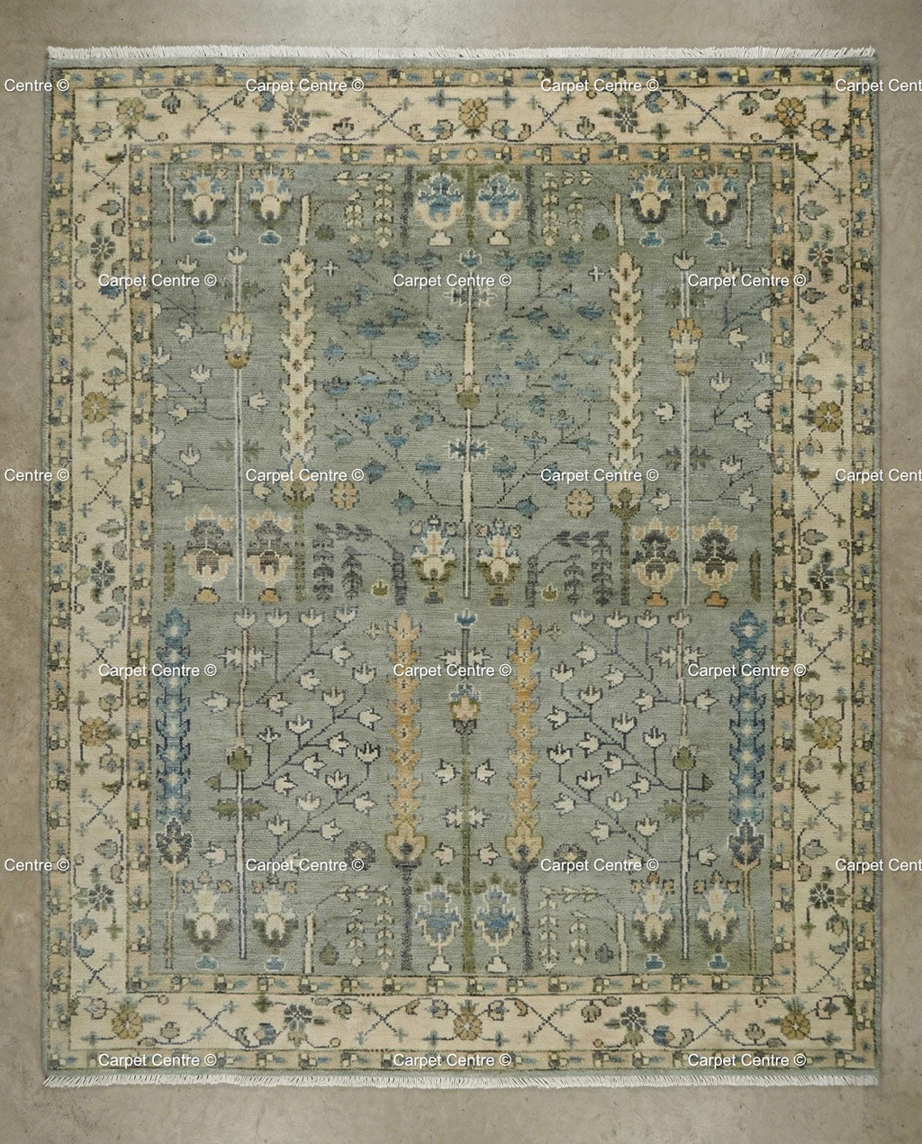 Hand Knotted Wool Oushak Rug, Muted Slate Blue Tree of Life Carpet