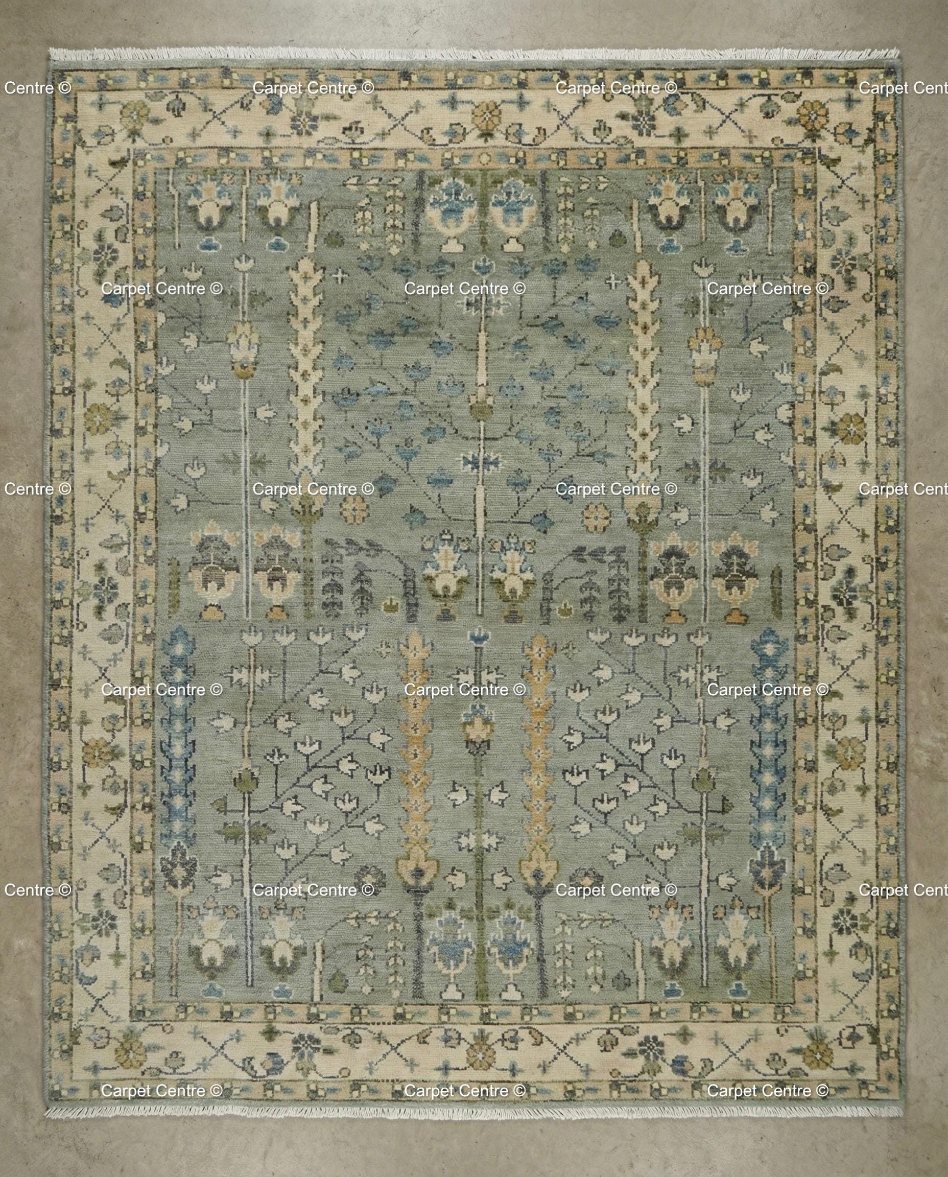 Hand Knotted Wool Oushak Rug, Muted Slate Blue Tree of Life Carpet