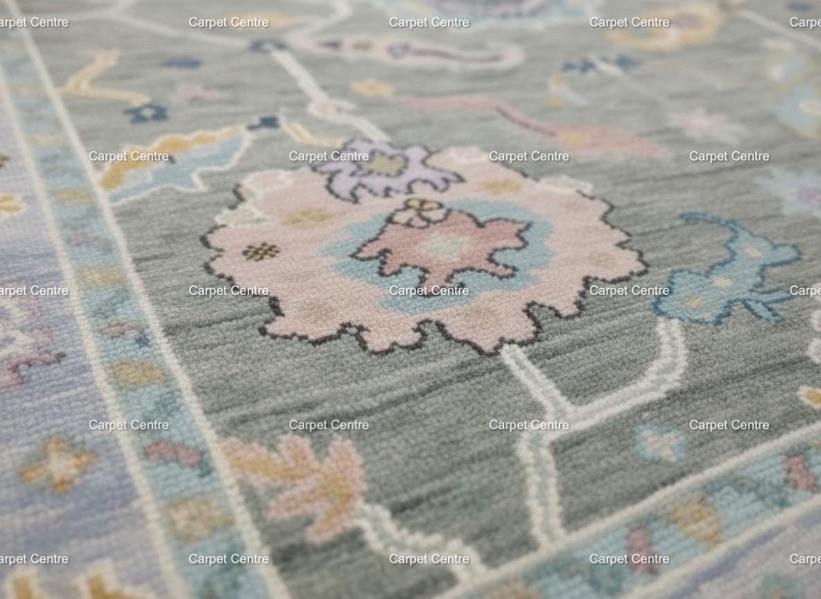 Handknotted Oushak Wool Rug | Sage Green, Pastel Floral Design