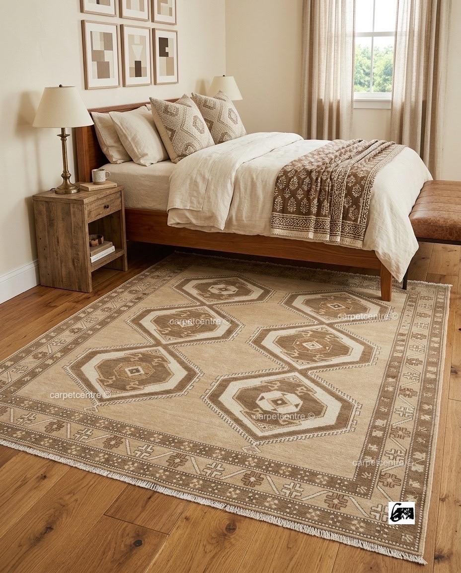 Handknotted Oushak Rug | Neutral Beige Wool Turkish Tribal Carpet