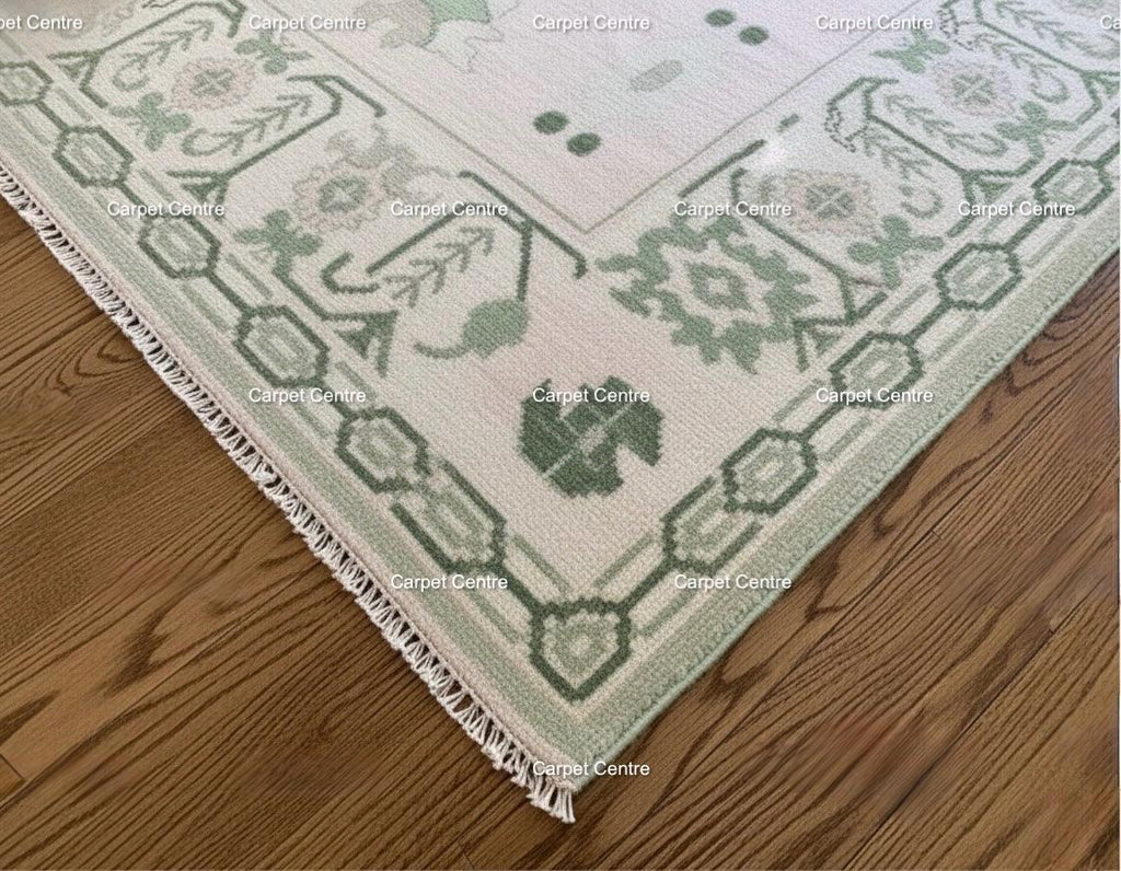 Hand-Knotted Oushak Wool Rug: Sage Green Medallion, Transitional Design