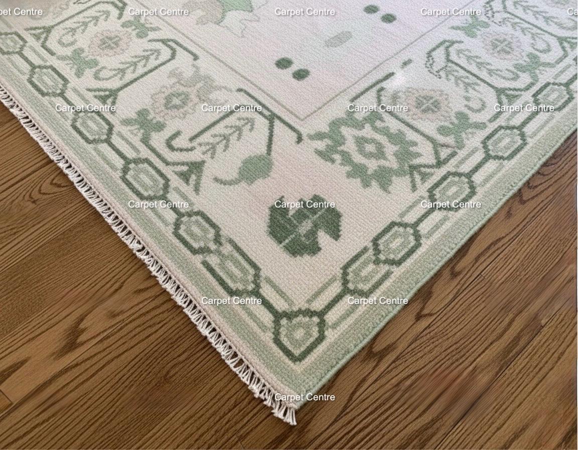 Hand-Knotted Oushak Wool Rug: Sage Green Medallion, Transitional Design